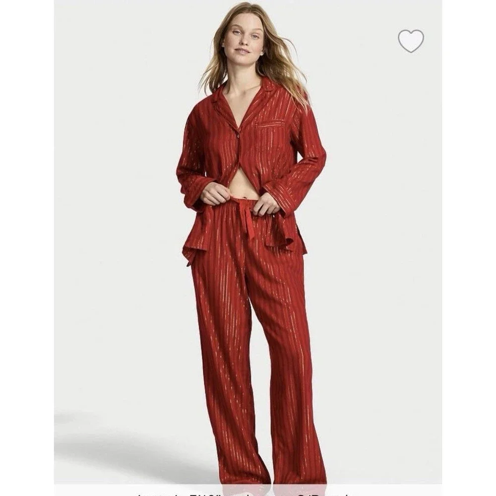 Victoria's Secret Pajama Set Sz M Red Gold Metallic Shimmer Stripe Cotton Modal